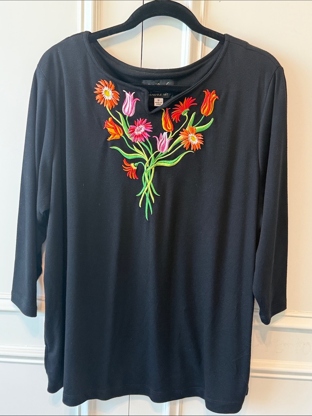 Bob Mackie Black Long Sleeve Top with Bright Floral Embroidery